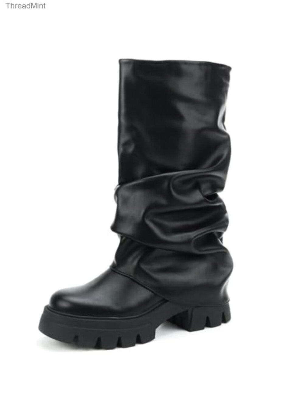 Fold Over Slouchy Platform Chunky Heel Ruched Mid Calf Boots in Faux Leather